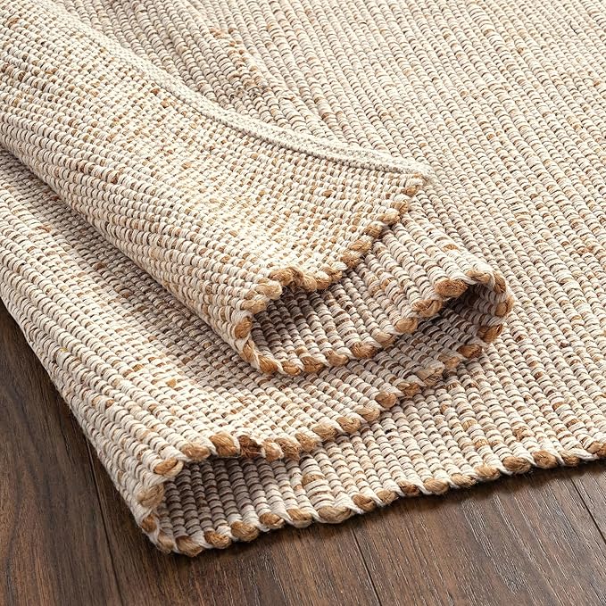 GRUHUM Jute Cotton Area Rug 5'x8' ft Rectangle Handwoven Natural Fabric Farmhouse Rug for Living Room, Bedroom Kitchen - Rustic Vintage Bohemian Eco-Friendly Carpet Home Décor 5x8 ft Natural Boho Rug
