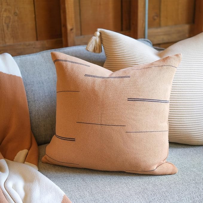 100% Cotton Knitted Soft Modern Geometric Dash Lines Throw Pillow Cover (Thin Line Baked Clay, 18" x 18")