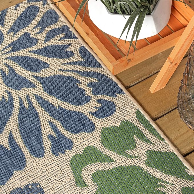 JONATHAN Y Floral Textured Weave Indoor Outdoor Runner Rug 2X20 Navy/Green, Zinnia Modern for Backyard, Patio, Porch, Easy-Cleaning, High Traffic, Pet-Friendly, Non-Shedding (SMB110B-220)