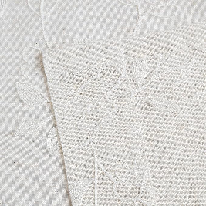 Vision Home Floral Pinch Pleated Sheer Curtains Embroidered Leaf Patterned Farmhouse Light Filtering Window Panels for Living Room Bedroom Pleat Drapes with Back Tab Hooks, Linen and White 40"Wx84"Lx2