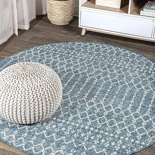 JONATHAN Y Moroccan Geometric Indoor Outdoor Round Area Rug 4 Ft Teal/Gray, Ourika Textured Weave for Backyard, Patio, Porch, Easy-Cleaning, High Traffic, Pet-Friendly, Non-Shedding (SMB108C-4R)