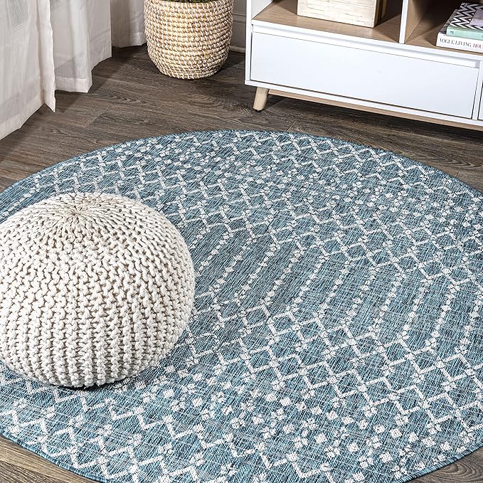 JONATHAN Y Moroccan Geometric Indoor Outdoor Round Area Rug 3 Ft Teal/Gray, Ourika Textured Weave for Backyard, Patio, Porch, Easy-Cleaning, High Traffic, Pet-Friendly, Non-Shedding (SMB108C-3R)