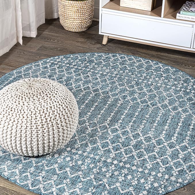 JONATHAN Y Moroccan Geometric Indoor Outdoor Round Area Rug 9 Ft Teal/Gray, Ourika Textured Weave for Backyard, Patio, Porch, Easy-Cleaning, High Traffic, Pet-Friendly, Non-Shedding (SMB108C-9R)