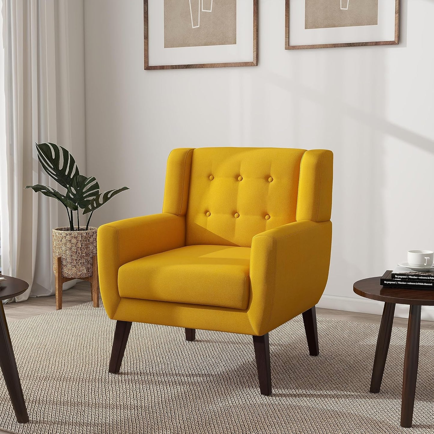 UIXE Accent Chair, Modern Upholstered Armchair in Fabric for Living Room, Comfy Club Arm Chairs Single Sofa Button Tufted Bedroom Reading Seat - Yellow, Set of 1