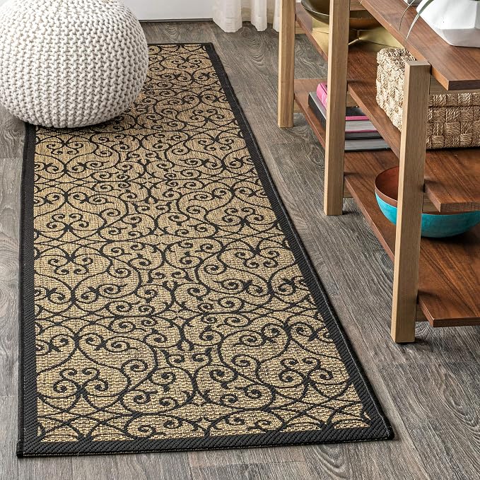 JONATHAN Y Vintage Filigree Indoor Outdoor Runner Rug 2X8 Black/Khaki, Madrid Textured Weave for Backyard, Patio, Porch, Easy-Cleaning, High Traffic, Pet-Friendly, Non-Shedding (SMB107A-28)