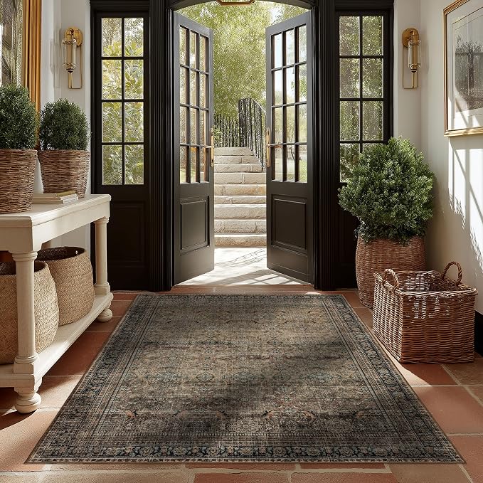Ruaruarug Washable Area Rug 4x6 for Living Room Bedroom, Ultra Soft Non Slip Stain & Fade Resistant, Pet & Kids Friendly, Suitable for High Traffic Areas Easy to Clean for Kitchen, Vintage Brown