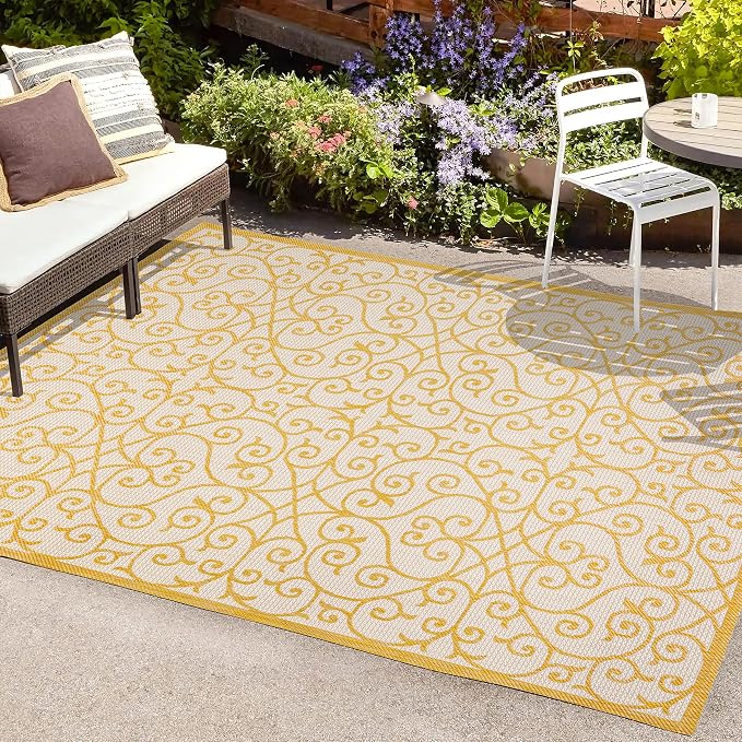 JONATHAN Y Vintage Filigree Indoor Outdoor Area Rug 9X12 Cream/Yellow, Madrid Textured Weave for Backyard, Patio, Porch, Easy-Cleaning, High Traffic, Pet-Friendly, Non-Shedding (SMB107D-9)