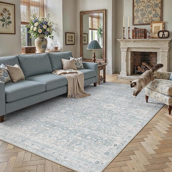 6x9 Blue Washable Neutral Area Rug for Living Room Distressed Floral Non Slip Low Pile Large Rug Indoor Vintage Stain Resistant Distressed Carpet Bedroom Dining Room Classroom Office Playroom