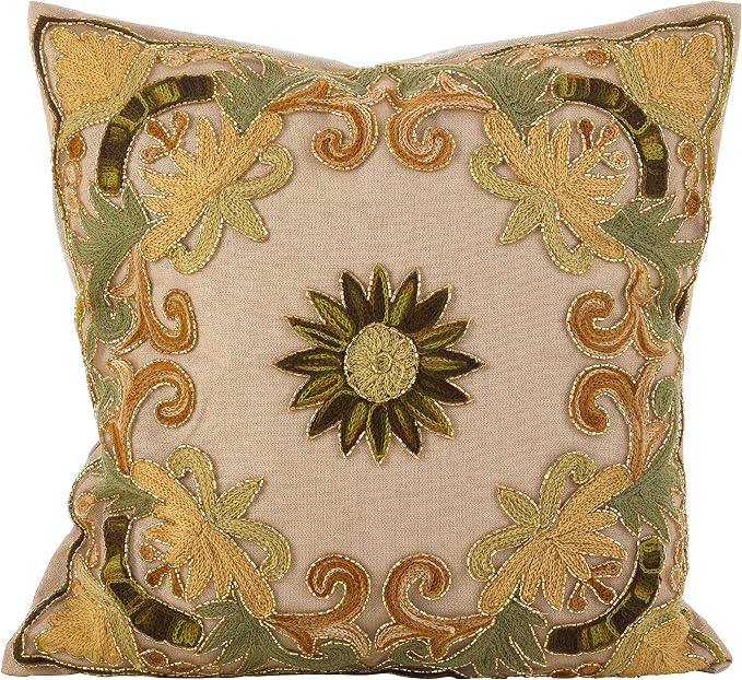 SARO LIFESTYLE Embroidered Floral Design Beaded Cotton Poly Filled Throw Pillow, 18", Green