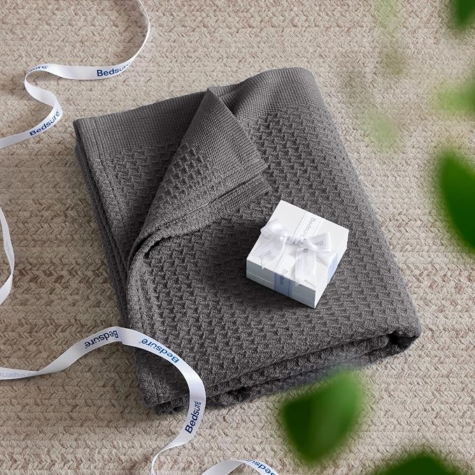 Bedsure 100% Cotton Blanket Full Size for Bed - Breathable and Soft for Summer, Thick Cozy Waffle Weave Blanket Gifts for Women, Dark Grey, 80x90 Inches
