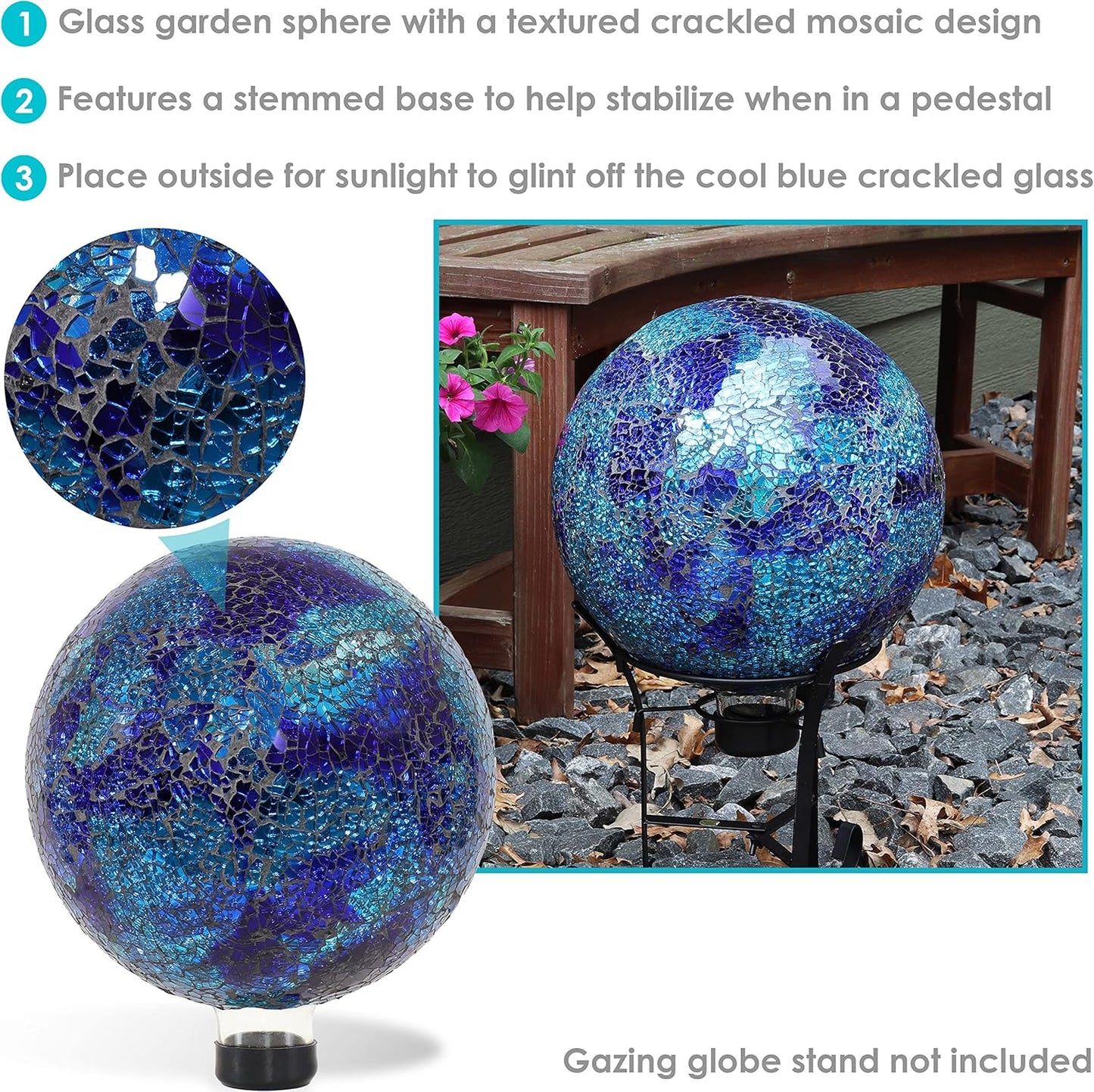 Sunnydaze 10-inch Gazing Ball for Garden - Crackled Glass Mosaic Gazing Globe for Outside - Deep Ocean Swirl Mosaic