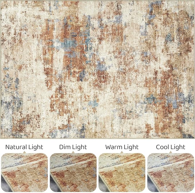 5x7 Area Rugs Washable Rug: Large Abstract Modern Soft Stain Resistant Indoor Floor Non-Slip Accent Carpet for Living Room Bedroom Nursery Playroom Dining Room Office Dorm Home House- Blue Orange