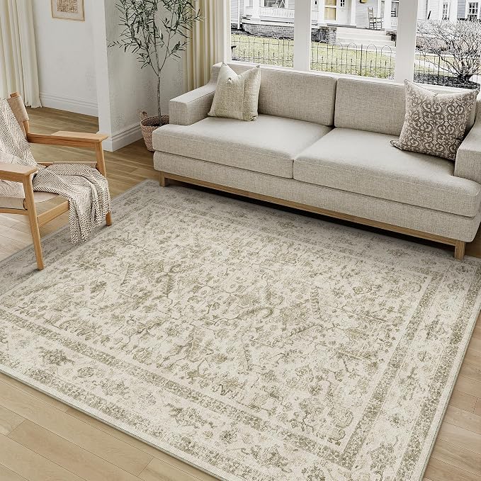 PureCozy Taupe 4x6 Entryway Rug Vintage Area Carpet Indoor Office Washable Door Mat Entrance Small Low Pile Traditional Distressed Retro Accent Throw Rug Non Slip Kitchen Bathroom