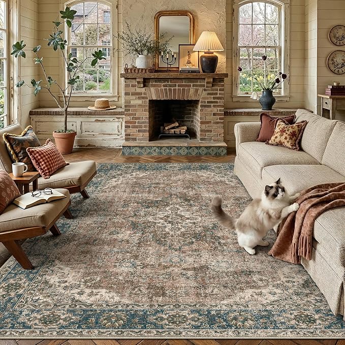 HUGEAR Area Rug 9x12 Machine Washable Living Room Rugs Blue Brown Distressed Vintage Floral Low Pile Carpet Bedroom Office Dining Room Laundry Room Non Slip Soft Lightweight
