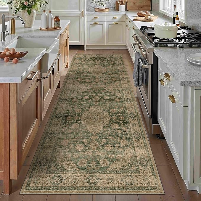HUGEAR 3x8 Runner Rug Hallway Machine Washable Retro Green Vintage Floral Low Pile Carpet Distressed Long Throw Rug Bedroom Office Bathroom Kitchen Laundry Non Slip Soft Lightweight