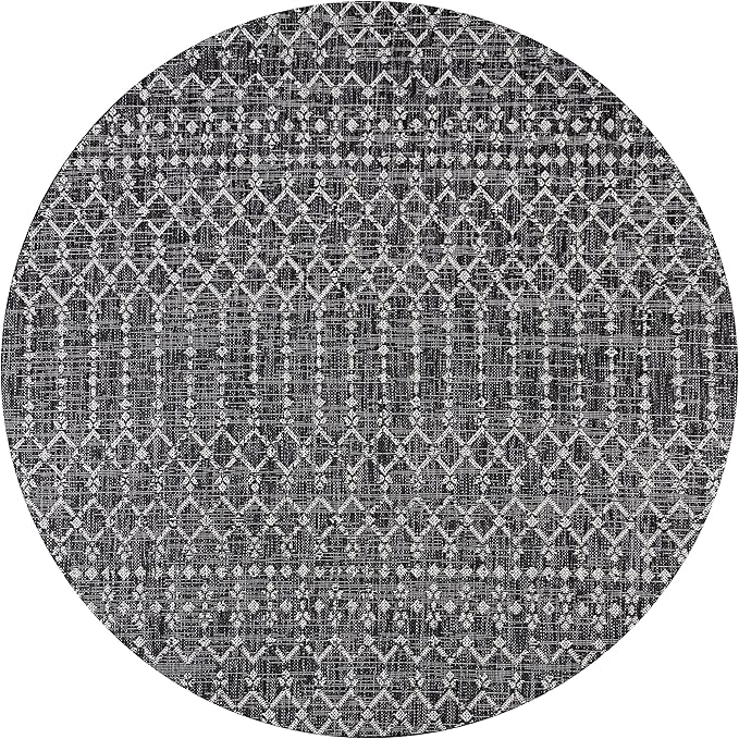 JONATHAN Y Moroccan Geometric Indoor Outdoor Round Area Rug 9 Ft Black/Gray, Ourika Textured Weave for Backyard, Patio, Porch, Easy-Cleaning, High Traffic, Pet-Friendly, Non-Shedding (SMB108F-9R)