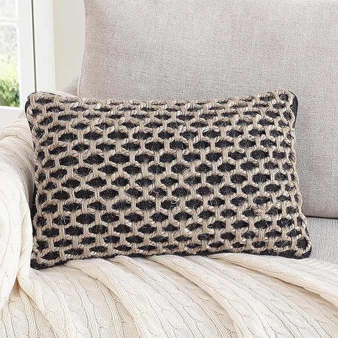 Boho Living Jada Decorative Throw, Includes Accent, Premium Woven Design, Living Room Décor, (1) 12" x 20" Pillow Cover with Insert, Black