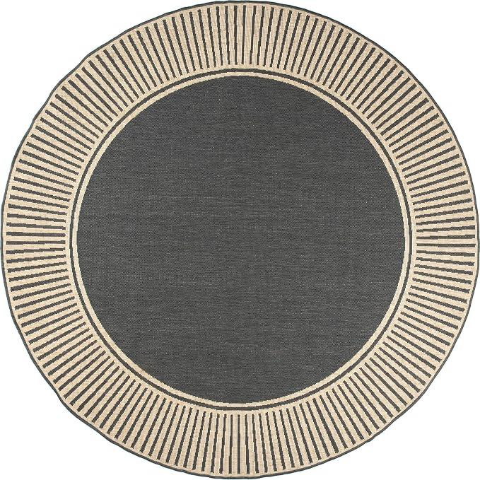 Nuloom Asha Dark Grey/Ivory, 8' Round, Casual, Striped Border, Soft and Cozy, High Traffic, Stain Resistant, Easy Clean, Durable Area Rug for Indoor/Outdoor Patio, Deck, Porch, Garden, Courtyard