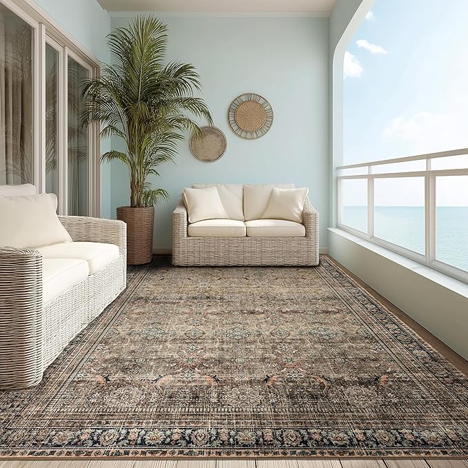 Ruaruarug Washable Area Rug 8x10 for Living Room, Bedroom, Ultra Soft Non Slip Stain & Fade Resistant, Pet & Kids Friendly, Suitable for High Traffic Areas Easy to Clean, Vintage Brown