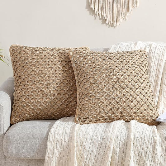 Boho Living Jada Decorative Throw, Includes Accent Insert, Premium Woven Design, Living Room Décor, (2) 20" x 20" Pillow Covers, Beige 2 Count