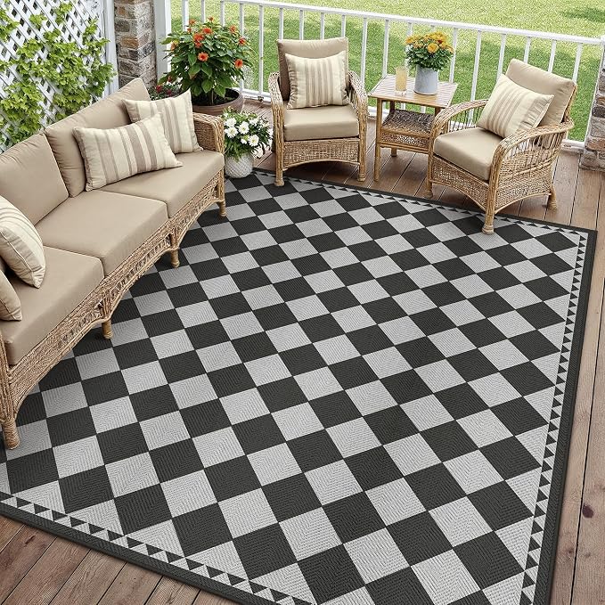 HUGEAR 8x10 Outdoor Rug Black/Grey Linen-Look Fabric Checkered Area Rug High Traffic Stain Resistant Easy Clean Durable Rugs for Indoor/Outdoor Patio Deck Balcony Porch Garden Courtyard