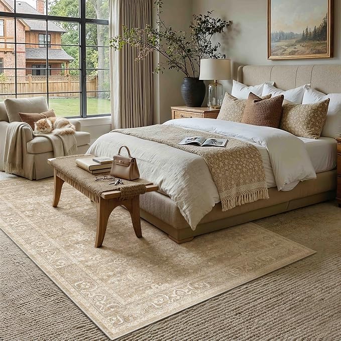 5x7 Washable Area Rug for Living Room Bedroom Vintage Beige Soft Low Pile Carpet Traditional Retro Non Slip Throw Rug for Dining Room Entryway Indoor Dorm Kitchen
