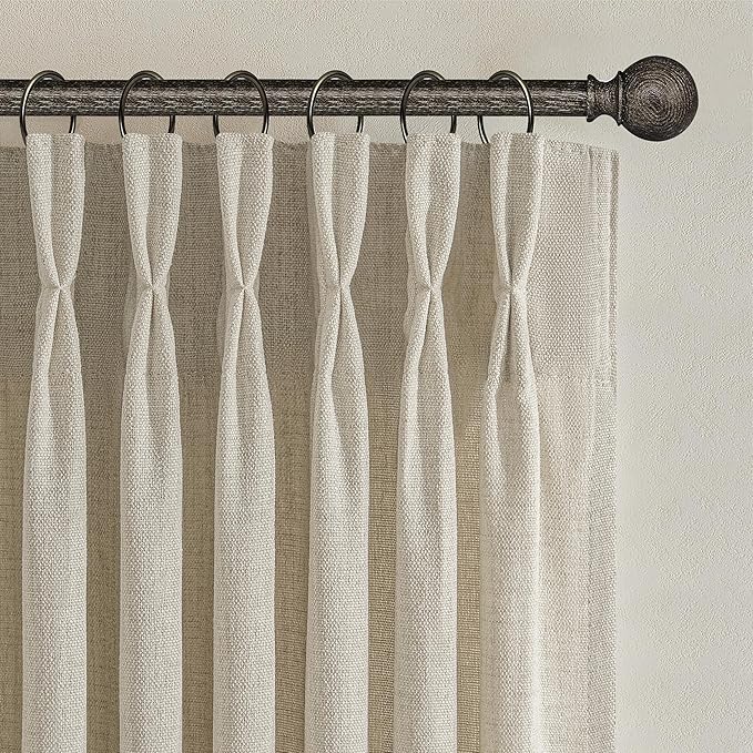 Custom Warm Beige Pinch Pleat Light Filtering Curtains 88 Inches Long for Office 2 Panels Set, Memory Trained Thick Natural Linen Blend Semi Sheer Protect Privacy Windows Curtain & Drapes with Hooks