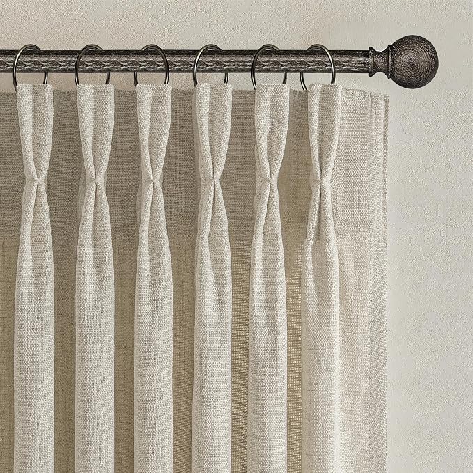 Light Brown Natural Linen 100 Inch Patio Curtains for Sliding Glass Door, Neutral Pinch Pleated Light Filtering Bedroom Sheer Aesthetic Windows Curtain Back Tab 2 Panels Set Taupe Beige Drapes 8-1/3FT