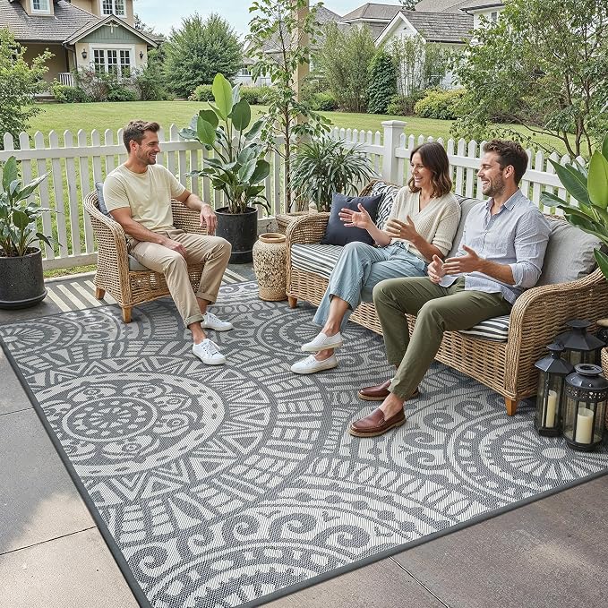 HUGEAR 9x12 Outdoor Boho Rug Grey Patio Waterproof Rug Home Decor Reversible Plastic Straw Rugs Outside Indoor Floor Mat for Camping Balcony RV Deck Porch Pool Backyard
