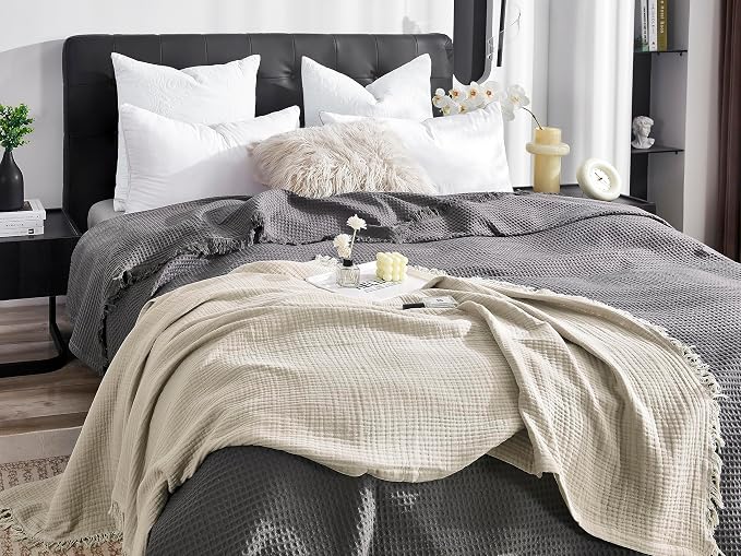 KyraHome 100% Organic Cotton Muslin Blankets for Adults, 60“x80 Pre-Washed Plant Dyed Breathable Gauze Lightweight Summer Throw Blanket for Couch, All Season, Oatmeal Khaki