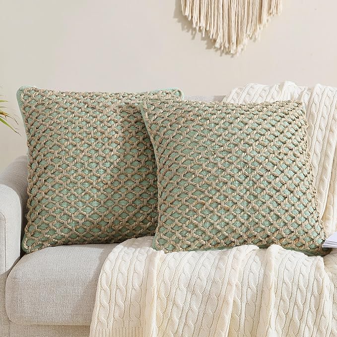Boho Living Jada 2 Pc Decorative Throw Pillow Covers, Pillow Insert not Included, Premium Woven Design, Living Room Décor, (2) 20" x 20", Sage Green