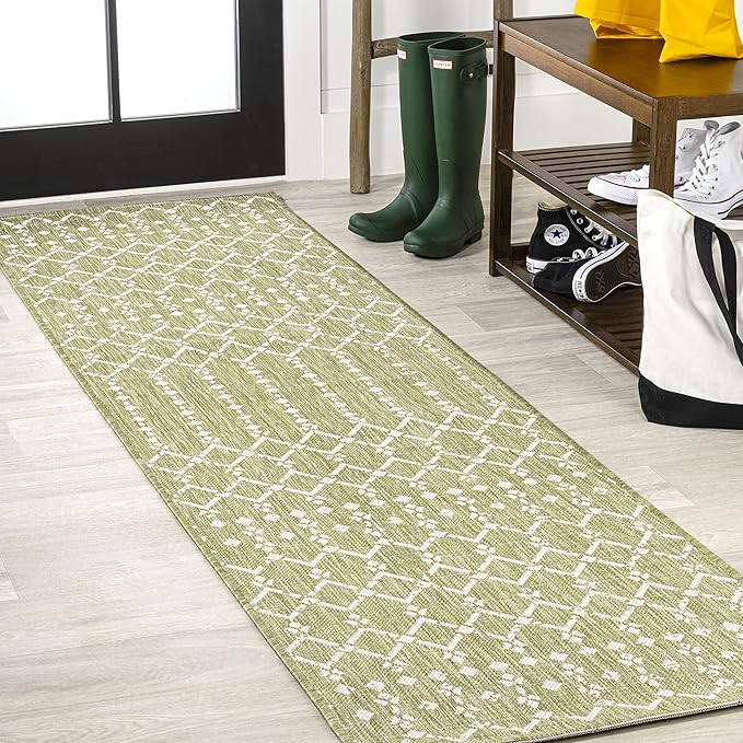 JONATHAN Y Moroccan Geometric Indoor Outdoor Runner Rug 2X10 Light Green/Cream, Ourika Textured Weave for Backyard, Patio, Porch, Easy-Cleaning, High Traffic, Pet-Friendly, Non-Shedding SMB108N-210