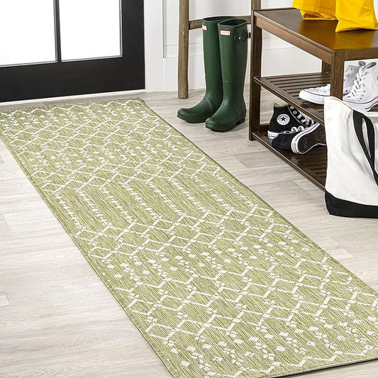 JONATHAN Y Moroccan Geometric Indoor Outdoor Runner Rug 2X10 Light Green/Cream, Ourika Textured Weave for Backyard, Patio, Porch, Easy-Cleaning, High Traffic, Pet-Friendly, Non-Shedding SMB108N-210