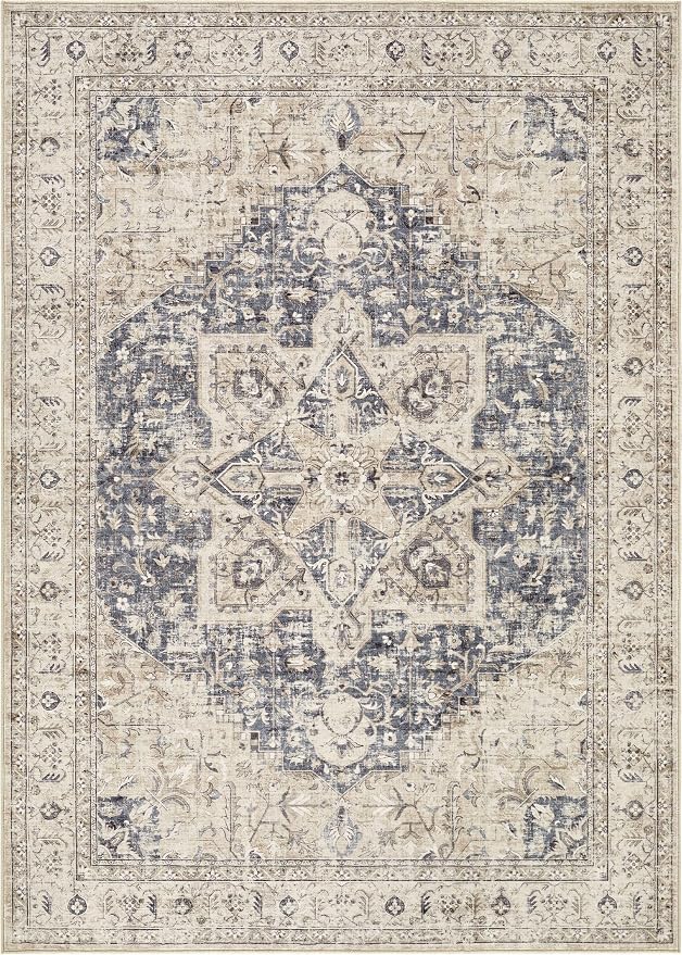 Tortania Area Rug Living Room Rugs - 6x9 Washable Boho Rug Vintage Oriental Distressed Farmhouse Large Thin Indoor Carpet for Living Room Bedroom Under Dining Table Home Office - Cream Blue