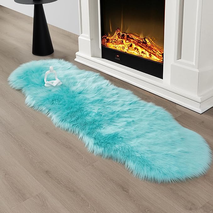 Faux Fur Sheepskin Runner Rug Blue 2x6 ft Ultra Soft Shaggy Plush Fluffy Fuzzy Area Carpet Decorative Chair Cover Floor Mat for Bedroom Sofa Living Room Bedside