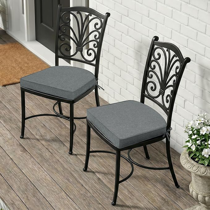 Outdoor Chair Cushions, Fade-Resistant & Water-Resistant, D Shaped Patio Furniture Seat Chair Pads Replacement with Ties, Non-Slip Bottom, Removable Cover, Set of 2, 18.5 x 16 Inch, Dark Grey