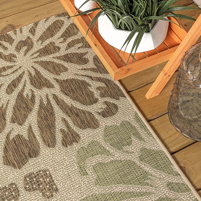 JONATHAN Y Floral Textured Weave Indoor Outdoor Runner Rug 2X10 Sage/Brown, Zinnia Modern for Backyard, Patio, Porch, Easy-Cleaning, High Traffic, Pet-Friendly, Non-Shedding (SMB110A-210)