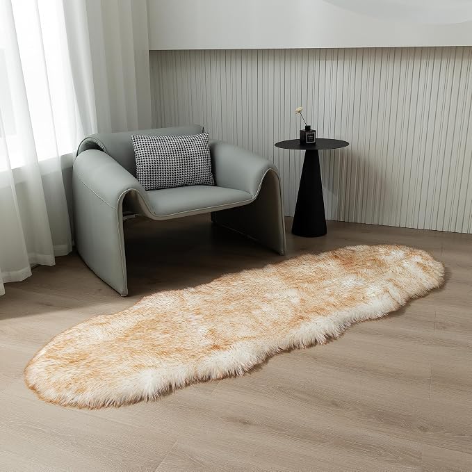 Faux Fur Sheepskin Runner Rug White Yellow 2x6 ft Ultra Soft Shaggy Plush Fluffy Fuzzy Area Carpet Decorative Chair Cover Floor Mat for Bedroom Sofa Living Room Bedside