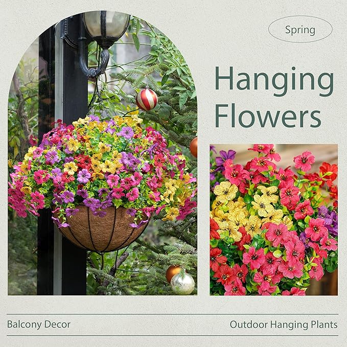 Der Rose Artificial Hanging Flowers Basket for Outdoors Fake Hanging Plants Spring Summer Decoration UV Resistant for Garden Front Porch Patio Balcony Decor