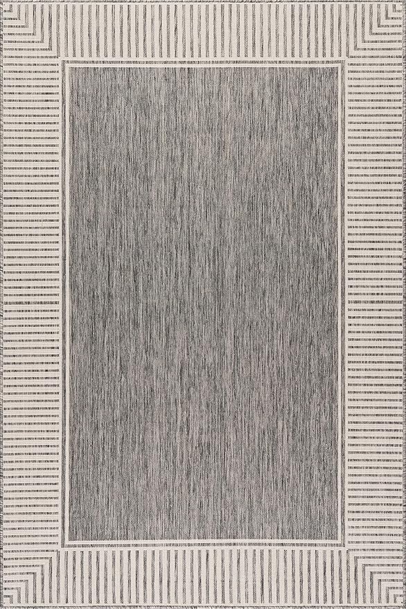 Nuloom Asha Grey/Ivory, 8' x 10', Casual, Striped Border, Soft and Cozy, High Traffic, Easy Clean, Durable Area Rug for Indoor/Outdoor Patio, Deck, Porch, Garden, Courtyard
