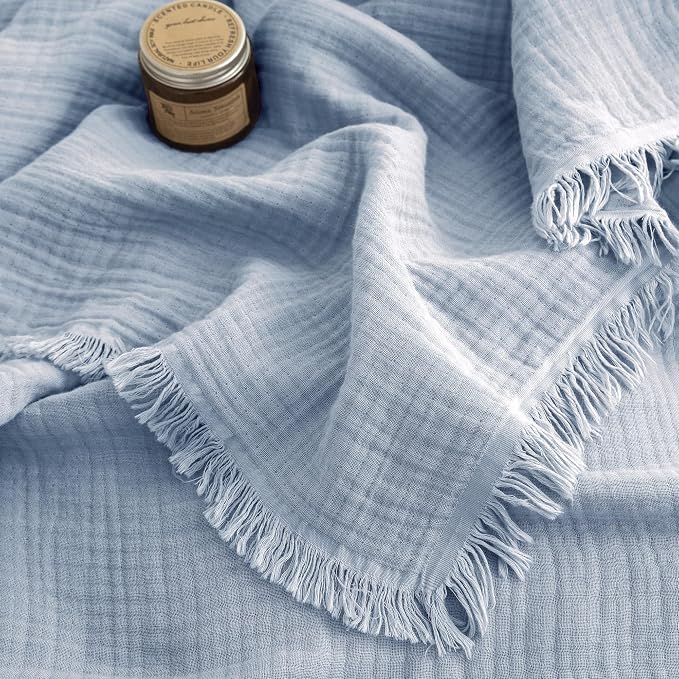 FOSSA Muslin Blanket 4-Layer 100% Cotton Gauze Blanket with Fringe 108"x98" | Super Soft Breathable Lightweight All Season & Decorative Blanket or Bed, Sofa, Office (Cornflower Blue,Super King)