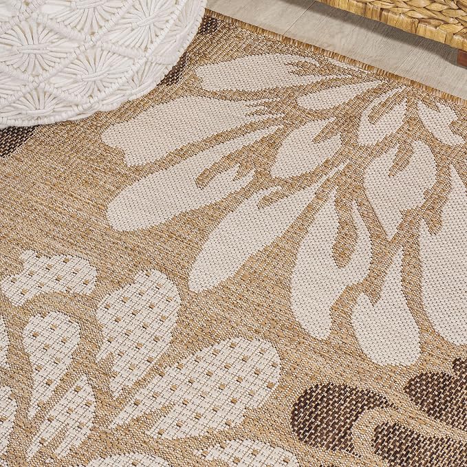 JONATHAN Y Floral Textured Weave Indoor Outdoor Square Area Rug 4X4 Brown/Cream, Zinnia Modern for Backyard, Patio, Porch, Easy-Cleaning, High Traffic, Pet-Friendly, Non-Shedding (SMB110I-4SQ)