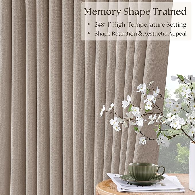Extra Wide Burlywood Birch Blackout Sliding Glass Door Curtains 102 Inches Long Memory Trained Pinch Pleated Linen Double Layer Black Out Heat Blocking Curtain 70 Inch Width 102 Inch Length 1 Panel
