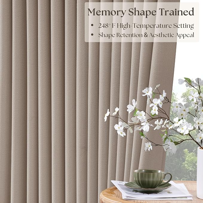 Viral Pleated Blackout Burlap 120 Inch Long Curtains Neutral Pinch Pleated Taupe Burlywood Birch Linen Double Layer 100% Black Out Curtains Soundproof Cottagecore 120 Inch Window Drapes 2 Panel