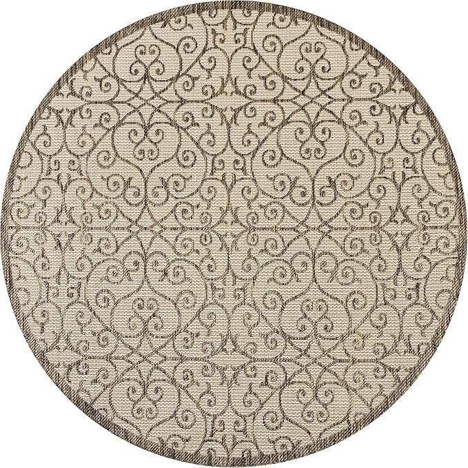 JONATHAN Y Vintage Filigree Indoor Outdoor Round Area Rug 9 Ft Beige/Brown, Madrid Textured Weave for Backyard, Patio, Porch, Easy-Cleaning, High Traffic, Pet-Friendly, Non-Shedding (SMB107B-9R)