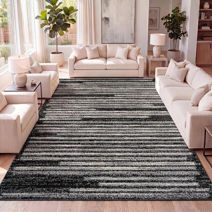 JONATHAN Y Khalil Modern Berber Stripe Black/Cream Indoor Area Rug, 8x10, Contemporary, Bohemian, Easy-Cleaning for Living Room, Bedroom, Kitchen, Pet Friendly, Non-Shedding (MOH207F-8)
