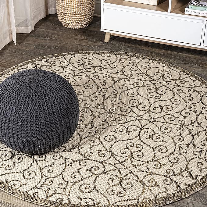 JONATHAN Y Vintage Filigree Indoor Outdoor Round Area Rug 9 Ft Beige/Brown, Madrid Textured Weave for Backyard, Patio, Porch, Easy-Cleaning, High Traffic, Pet-Friendly, Non-Shedding (SMB107B-9R)
