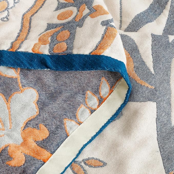 MEJU Round Flower Branch Boho Mandala Muslin All Season Throw Blanket for Bed Sofa Couch, 100% Cotton 4 Layer Soft Warm Farmhouse Retro Throw Blanket Bed Coverlet Full Queen 80 in x 90 in