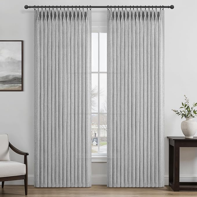 Thick Linen Light Grey Pinch Pleated Curtains 84 Inches Long for Living Room 2 Panels Set, Farmhouse Semi Through Light Filtering Bedroom Curtain Privacy Elegant Window Drapes 7 FT Length Gray Burg