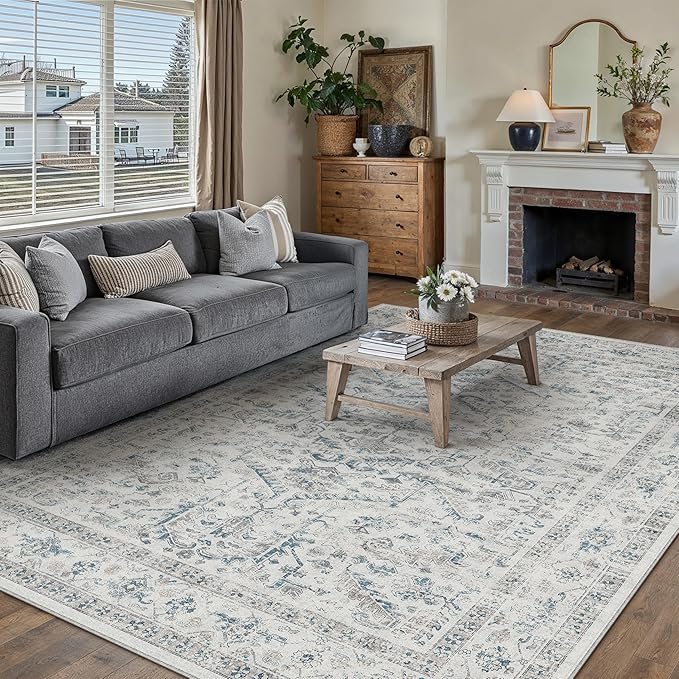 PureCozy Blue 9x12 Area Rug Vintage Washable Living Room Carpet Non Slip Bedroom Indoor Office Low Pile Large Traditional Distressed Retro Accent Rug for Dining Room Bathroom Kitchen